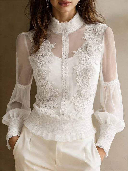 Semi Formal Tulle Pink Stand-Up Collar Long Sleeve 3D Elegant See Through Lace Blouses