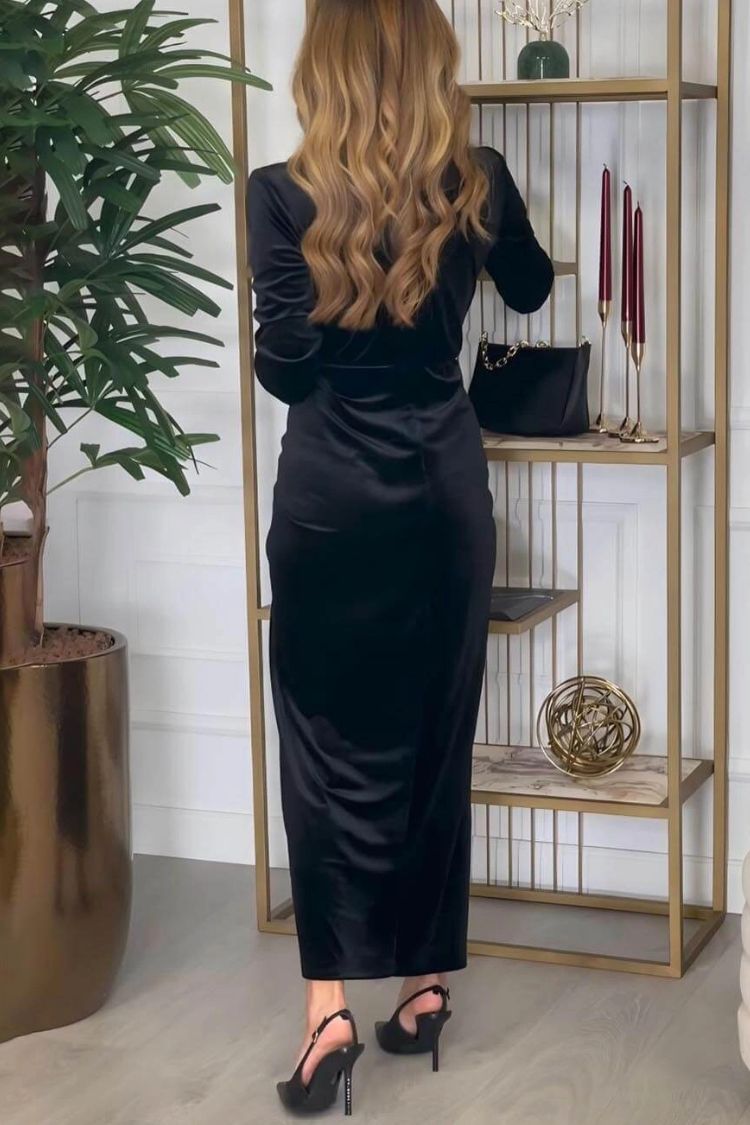 Classic Elegant Pleated Deep V Slit Party Maxi Dress