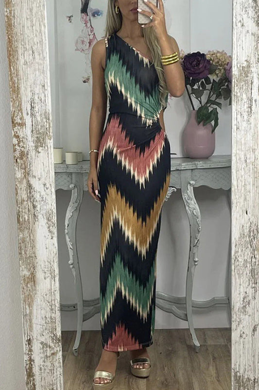 Irregular slanted shoulders blooming print slim dress