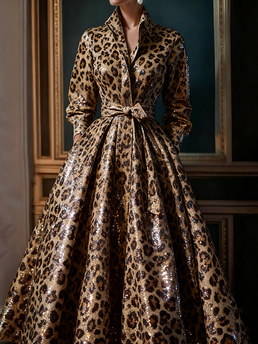 sheenchic Party Metallic Brown Leopard Stand-Up Collar Long Sleeve Pocket Casual Lace Up Sequin Maxi Dresses
