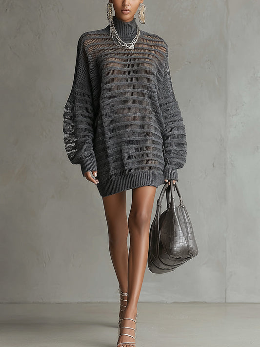 Gray Open-Knit Turtleneck Sweater Dress With Balloon Sleeves