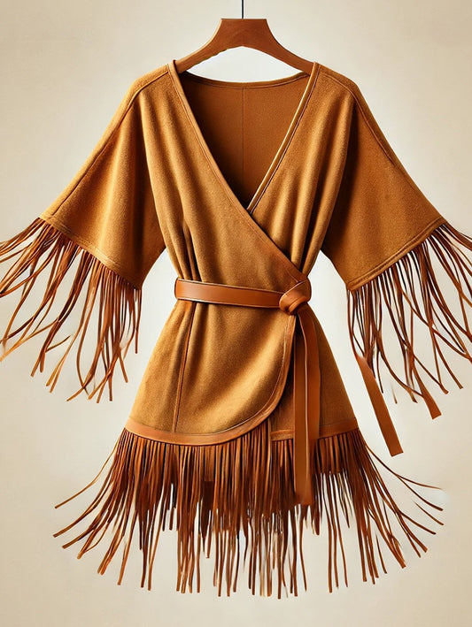 Boho V Neck Long Fringed Solid Cardigan
