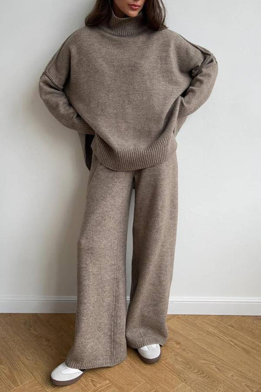 Conjunto de dos piezas de suéter de punto holgado de cuello alto y pantalones de pierna ancha
