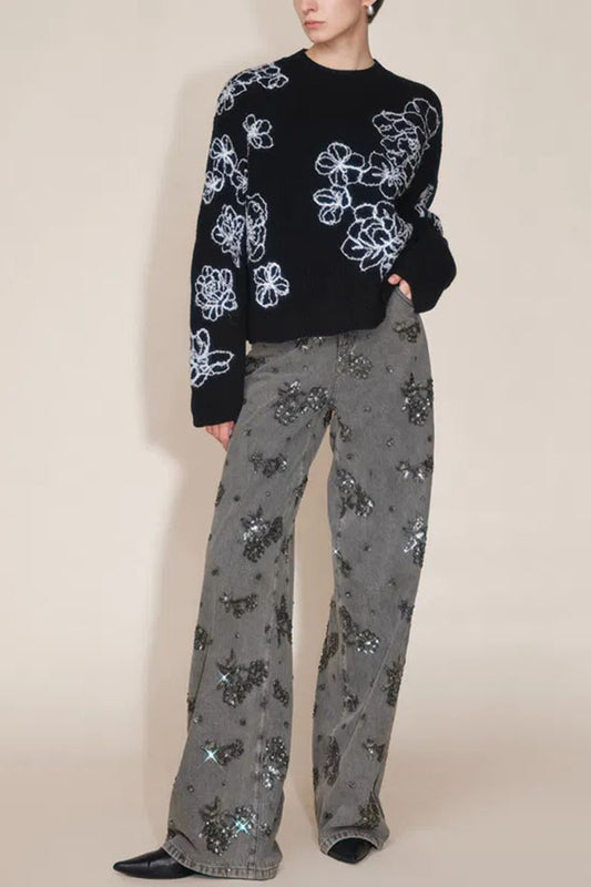 Jhenie Denim Beaded Sequin Floral Pattern Mid Rise Pocket Wide Leg Jeans