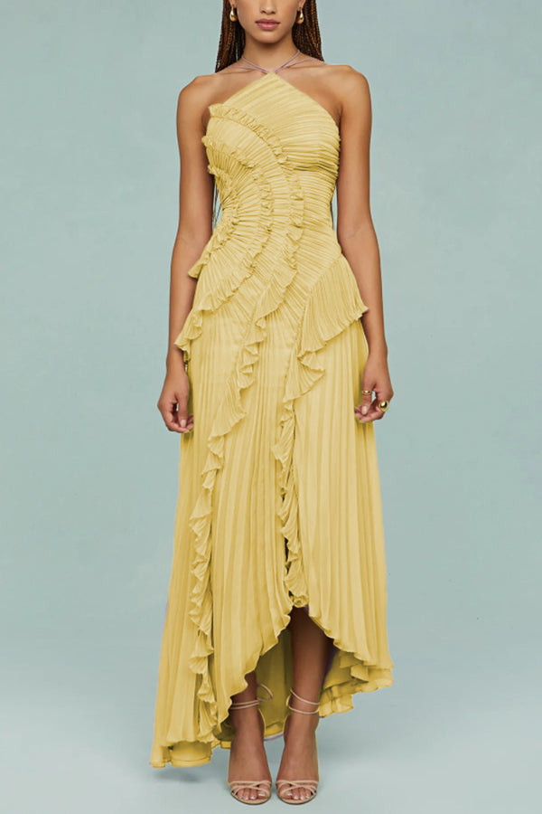 Vestido largo estilo nenúfar con pliegues y volantes estilo halter Dream Ode