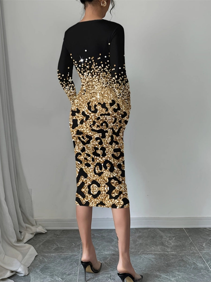 Party Black Leopard Round Neck Long Sleeve Bodycon Casual Midi Dresses