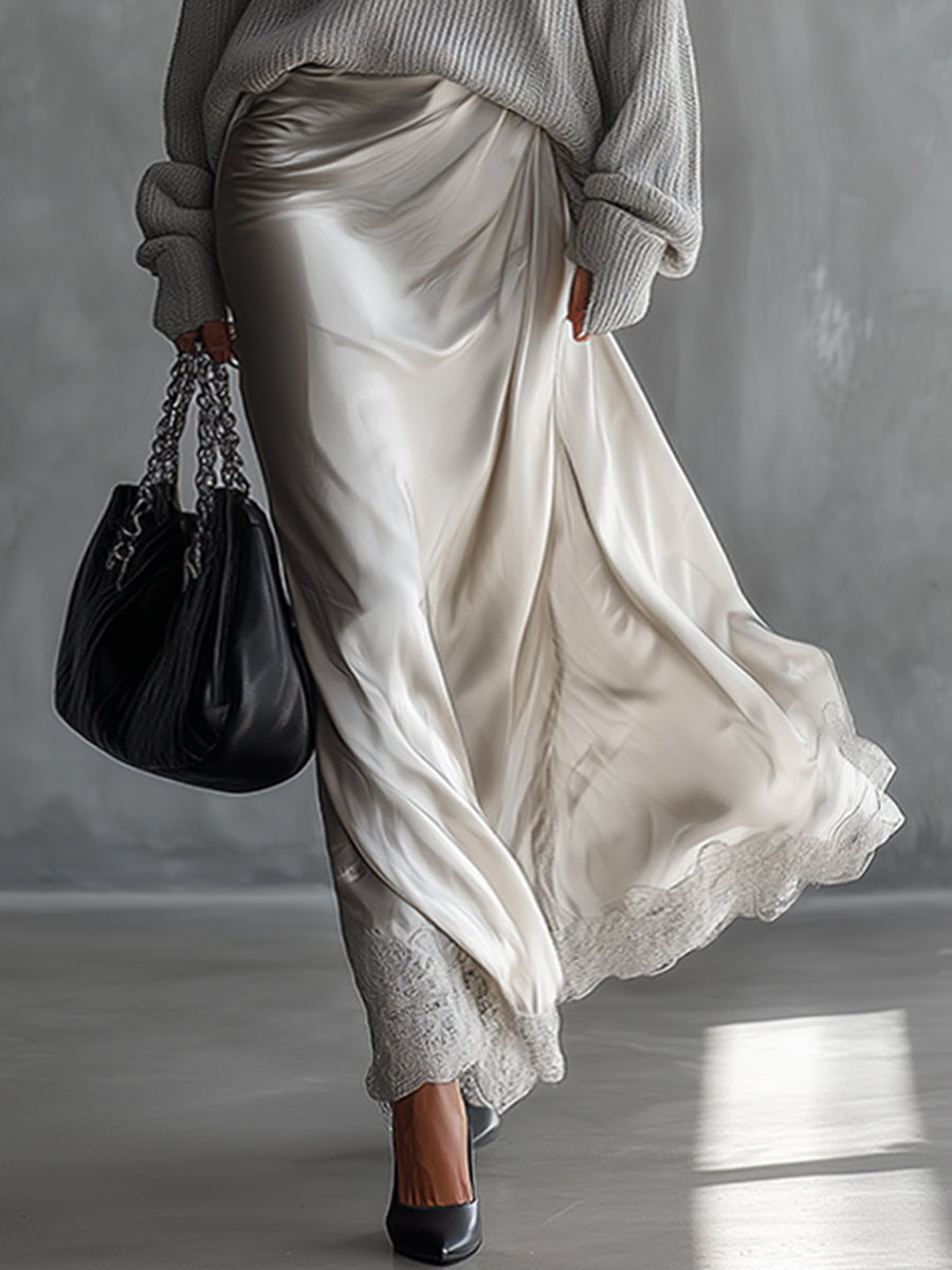 Gray Light Deep V-Neck Knit Sweater And Satin Skirt Set