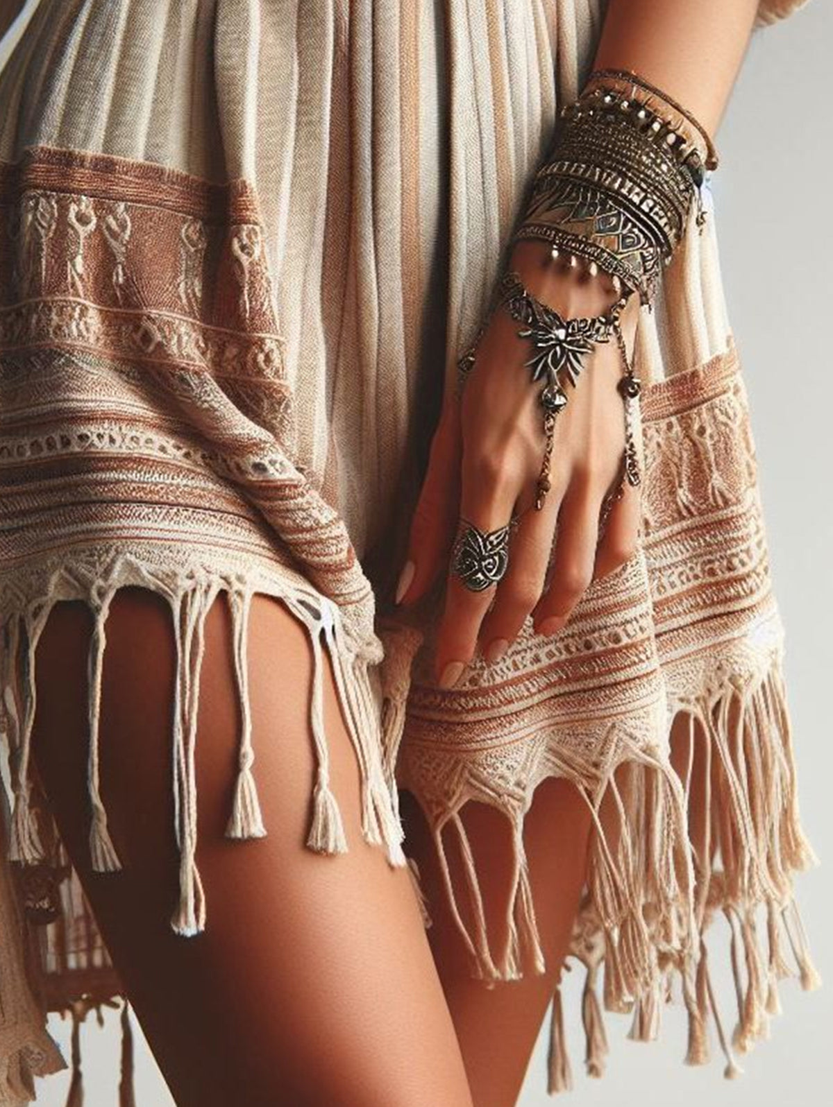 sheenchic Boho Pattern Striped Fringe Loose Irregular Shorts