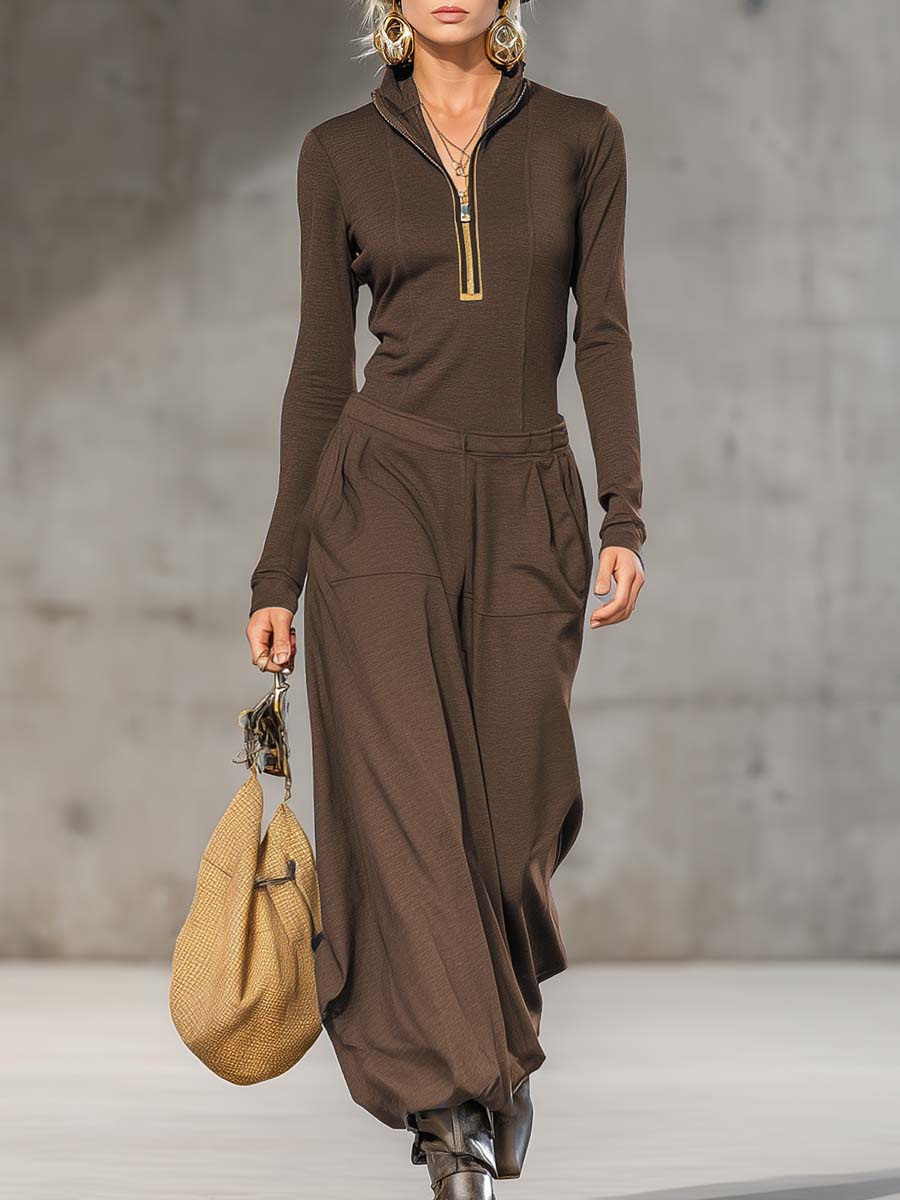 Daily Black Shirt Collar Long Sleeve Zipper Casual Pocket Two Piece Pant Sets