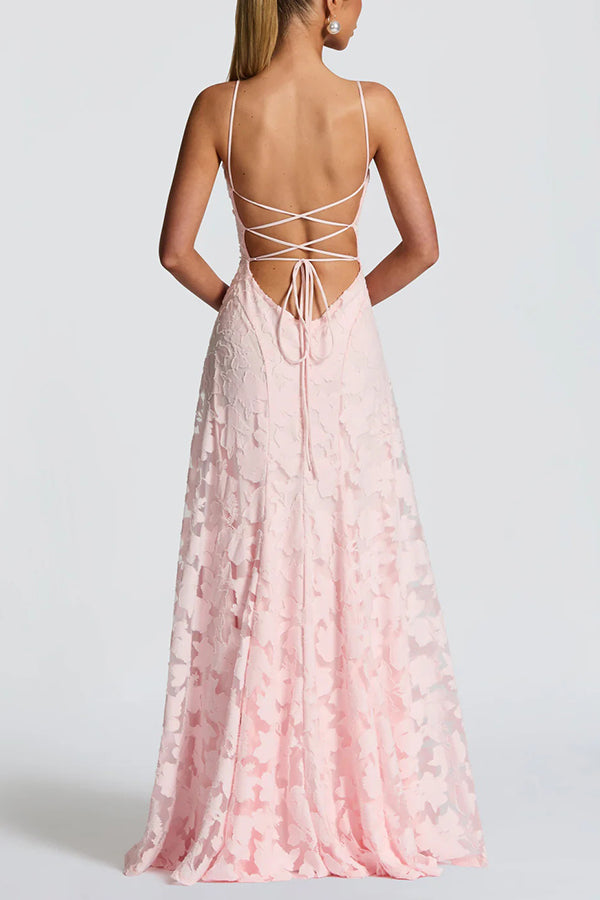 Francis Floral Burnout Jersey Fabric Cowl Neck Back Lace-up Maxi Dress