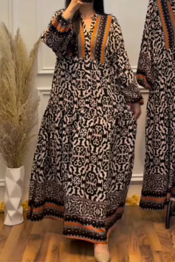 Contrast color V-neck long sleeve printed dress