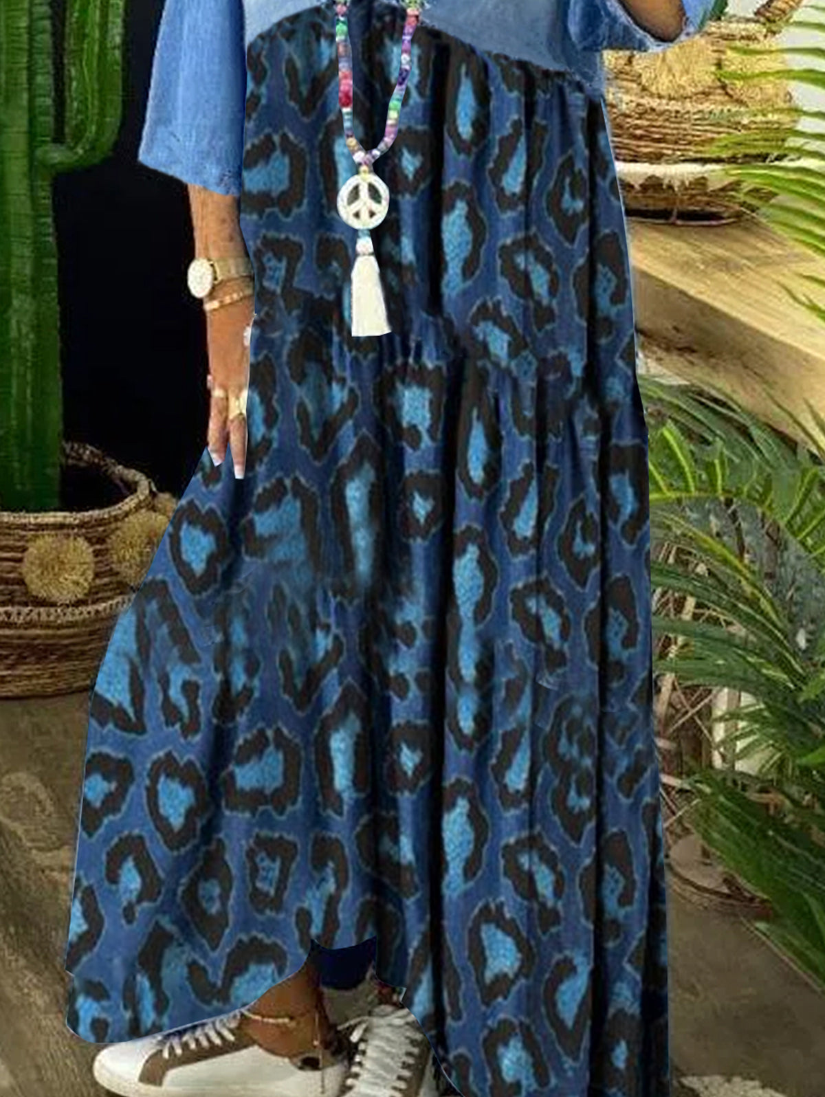 sheenchic Vintage Leopard Denim Patchwork Raw Trim Maxi Dress