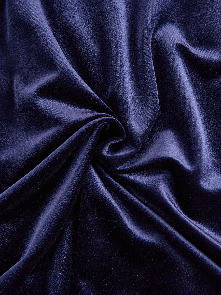 Party Navy Blue High Collar Long Sleeve Ruffled Casual Velvet Midi Dresses