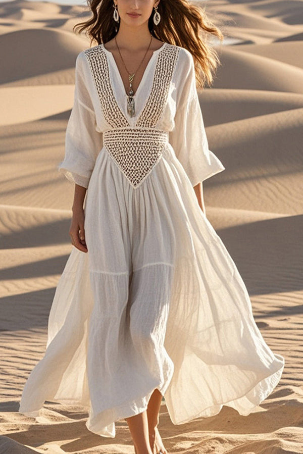 Vestido midi de fiesta con escote en V calado y dobladillo completo