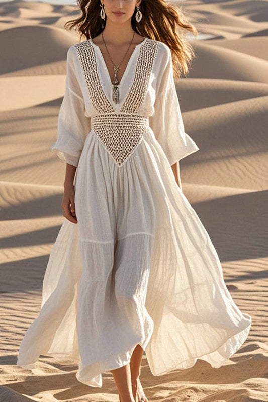 Vestido midi de fiesta con escote en V calado y dobladillo completo