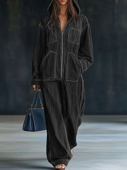 sheenchic Daily Blue Hooded Long Sleeve Pocket Vintage Zipper Denim Jumpsuits