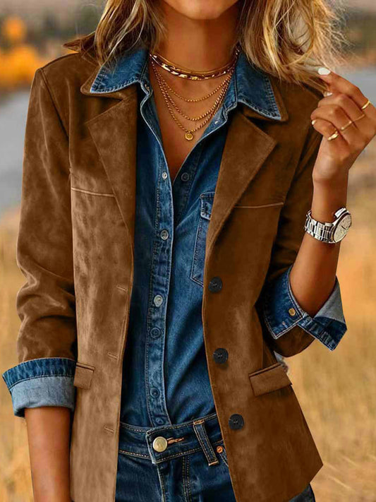 Daily Brown Turndown Collar Long Sleeve Pocket Vintage Button Chamois Blazer