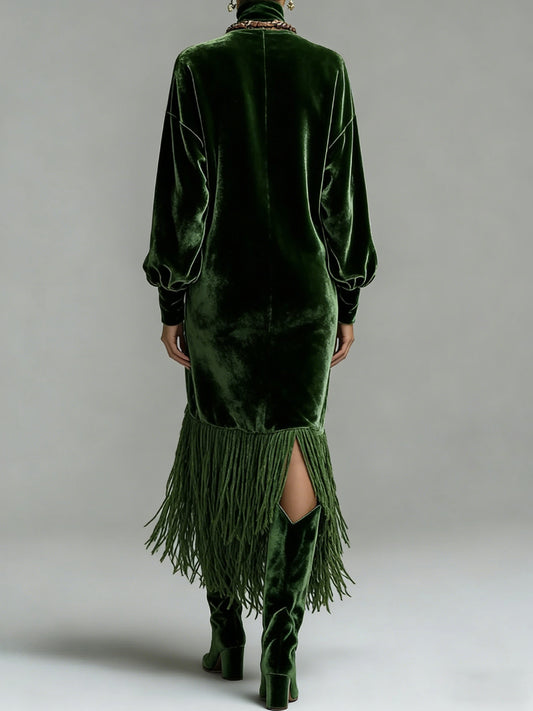 sheenchic Semi Formal Emerald Green High Collar Long Sleeve Strappy Elegant Pocket Velvet Maxi Dresses