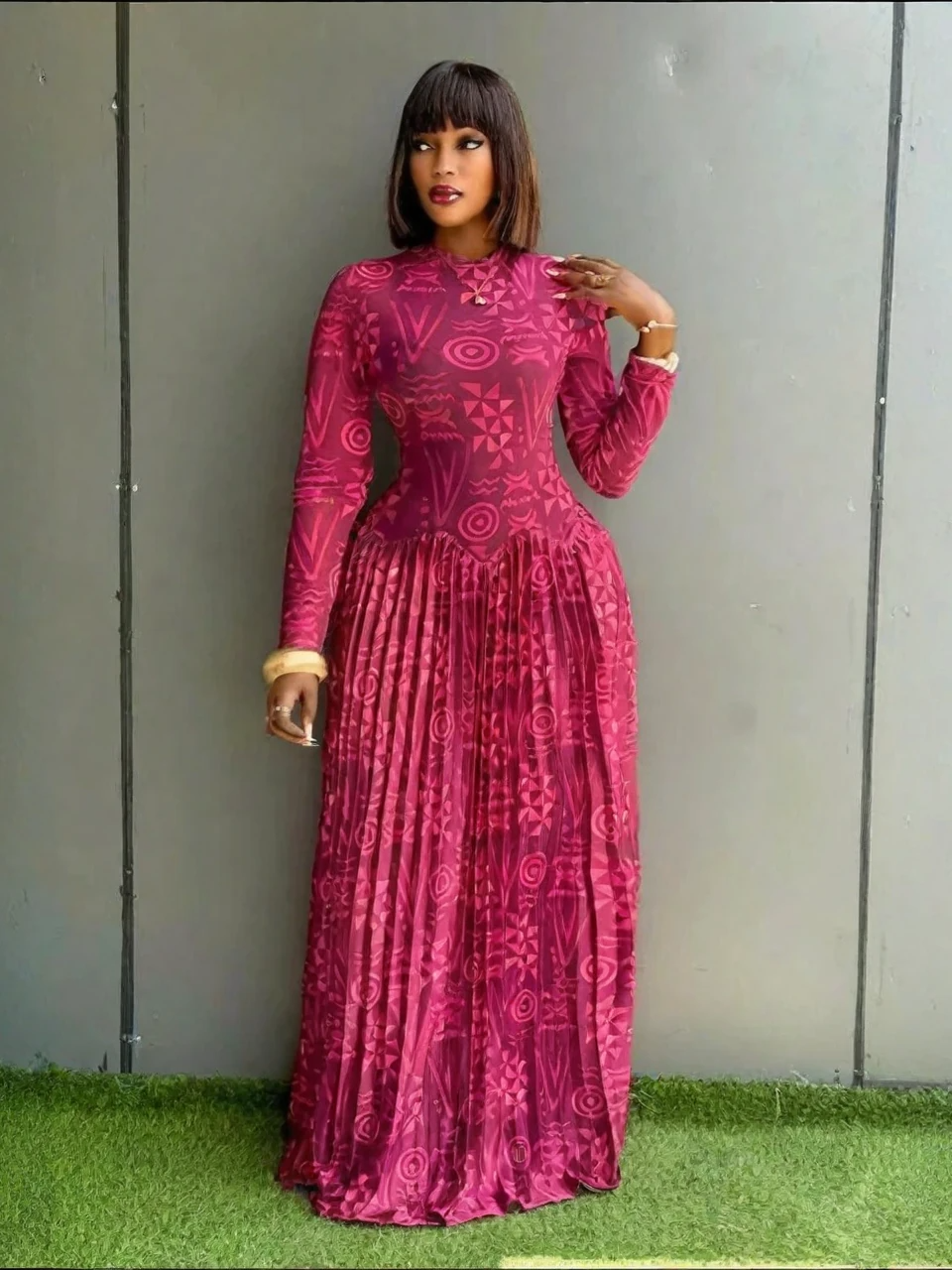 Geometric Print High Neck Maxi Dress