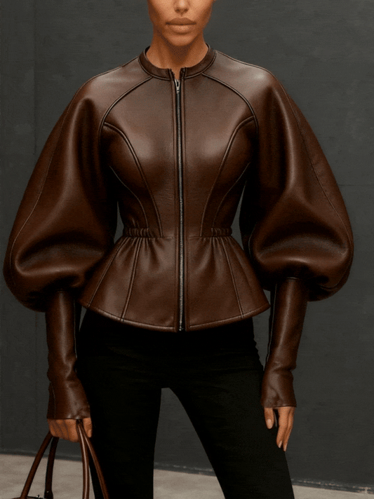 24-Hour-Shipping Brown Faux Leather Jacket With Balloon Sleeves