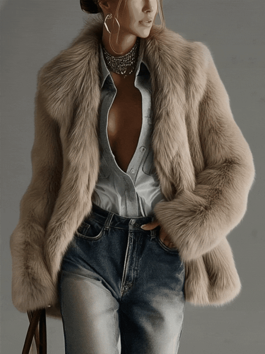 Soft Taupe Faux Fur Oversized Long Sleeve Coat