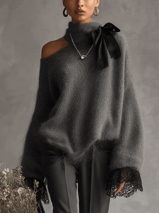 Gray Mohair Knit Sweater With Lace Cuffs