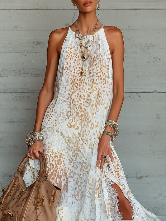 White Chiffon Leopard Print Lace-Trim Halter Maxi Dress