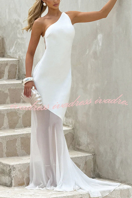 Fable Satin One Shoulder Back Adjustable Straps Contrast Chiffon Hem Maxi Dress