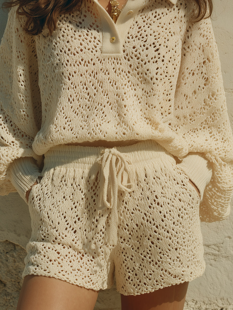 Retro Openwork Knit Top & Drawstring Shorts Set