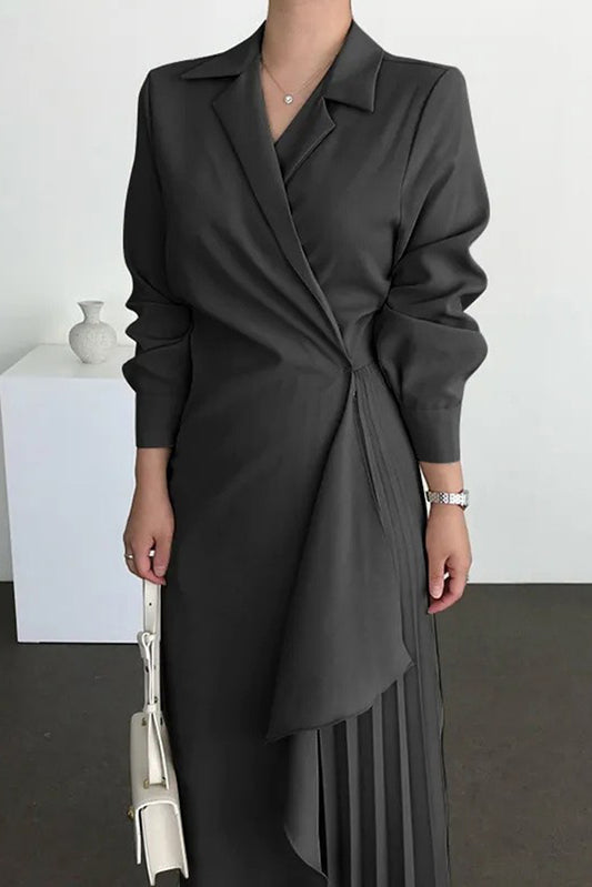 Elegant Long-sleeved Lapel Waisted Pleated Maxi Dress