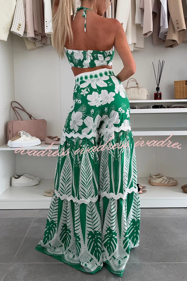 Cassie Ric Rac Trims Unique Print Halter Ring Tank and High Rise Wide Leg Pants Set