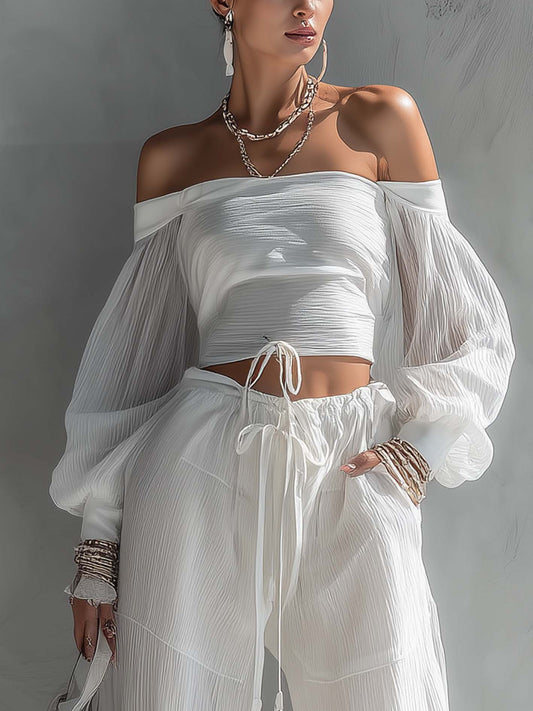 White Off Shoulder Textured Chiffon Two-Piece Set