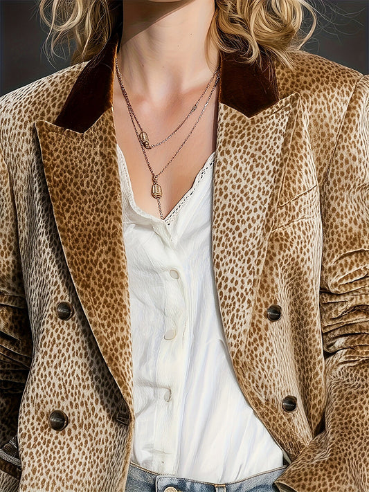 Daily Khaki Leopard Turndown Collar Long Sleeve Pocket Western Button Velvet Blazer
