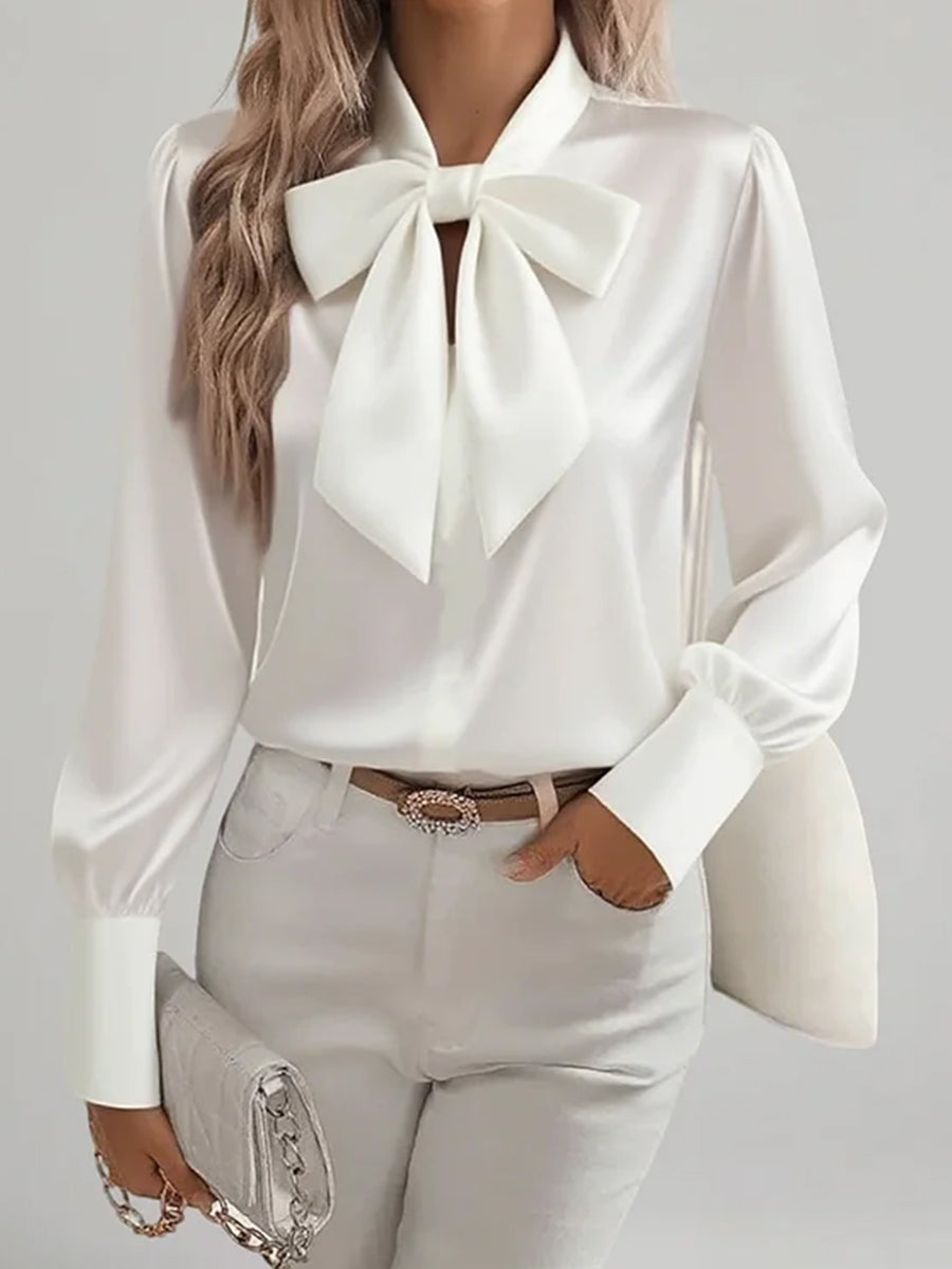 Daily Pink Long Sleeve Bow Tie Casual Satin Blouses