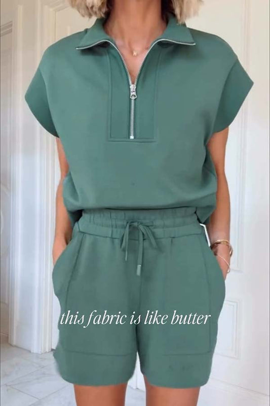 Buttery Touch Half-Zip Short Sleeve Sweatshirt and Elastic Waist Pocket Casual Shorts Set