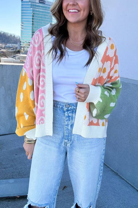 Orange Flower & Dotted Print Colorblock Open Front Cardigan