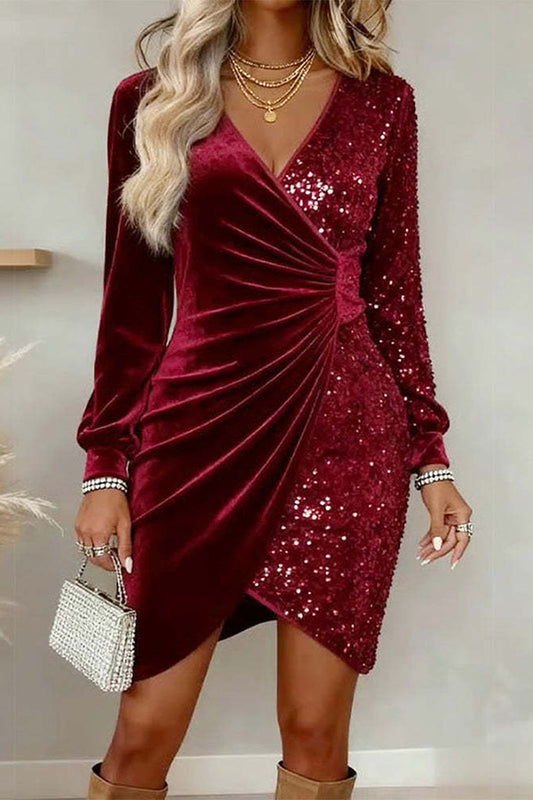 Fashionable Velvet Sequined V-neck Long-sleeved Slim-fit Mini Dress