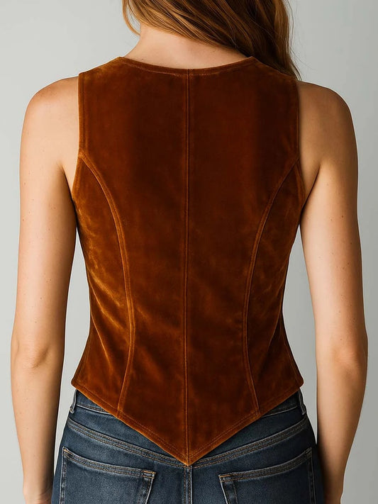Daily Brown V Neck Button Vintage Contrast Velvet Vest