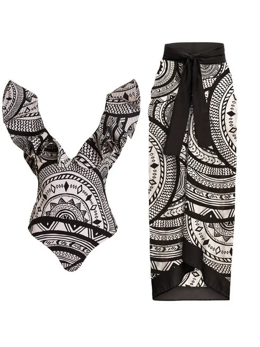 Deep V Ruffle Vintage Print Swimsuit