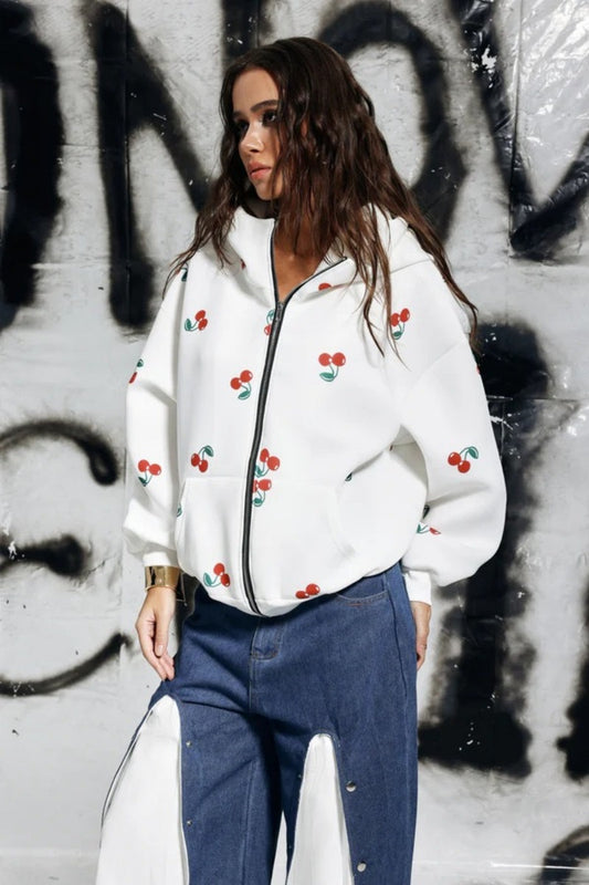 Hooded Cherry Print Long-Sleeved Jacket