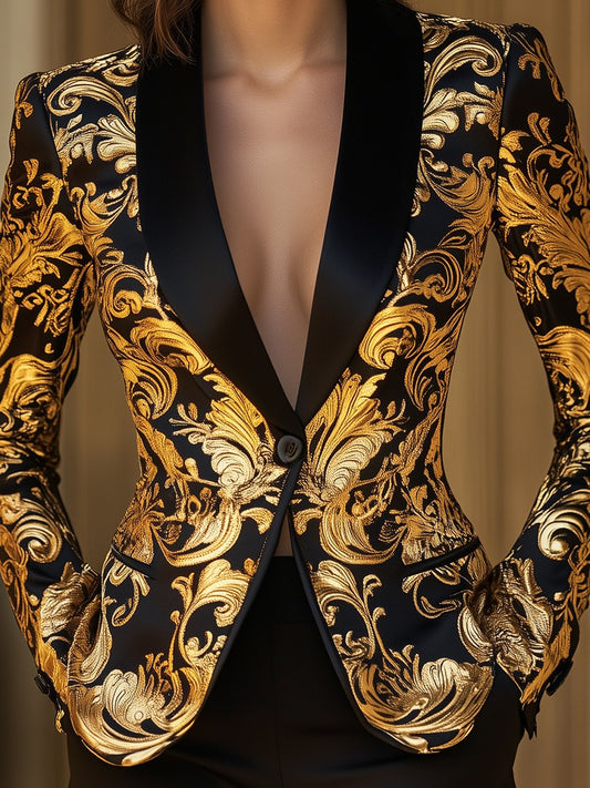 Opulent Black and Gold Blazer with Baroque Floral Printed