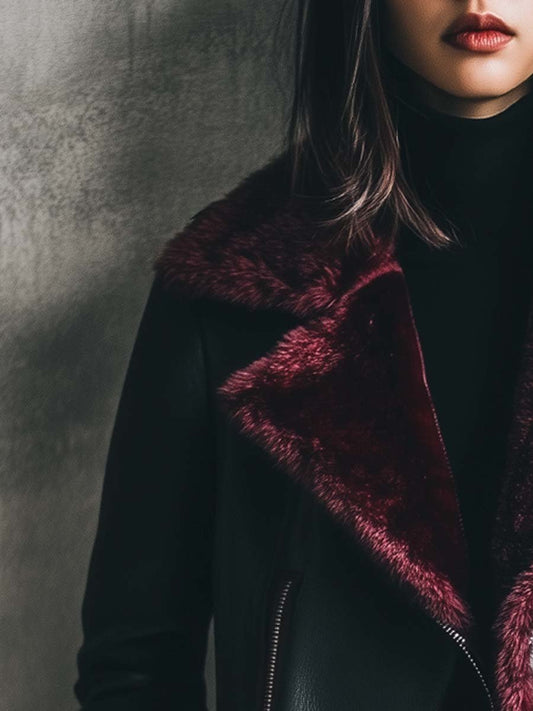 Women's Retro Contrast Color Fur Collar Leather Jacket