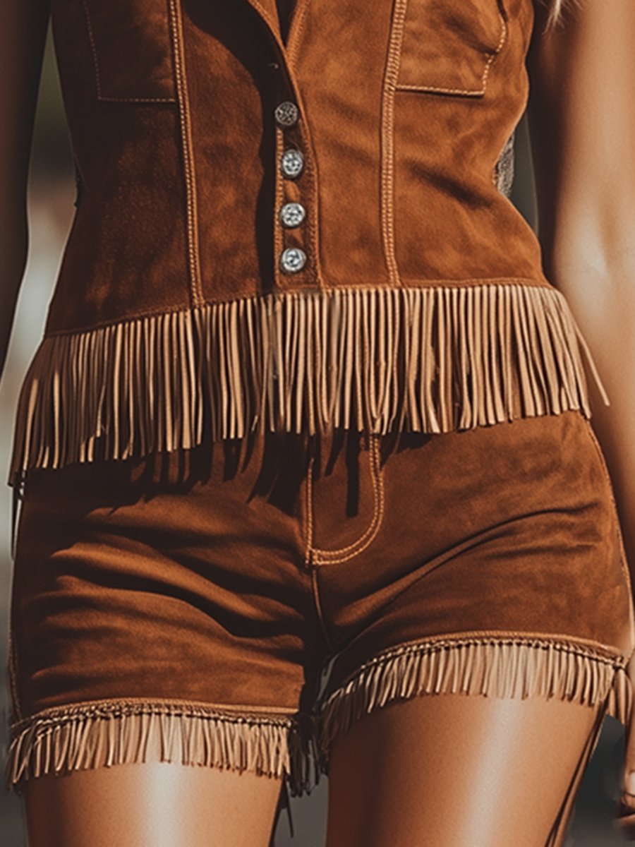 【24-hour shipping out】Vintage Western Style Tassel Brown Suede Vest Shorts Set