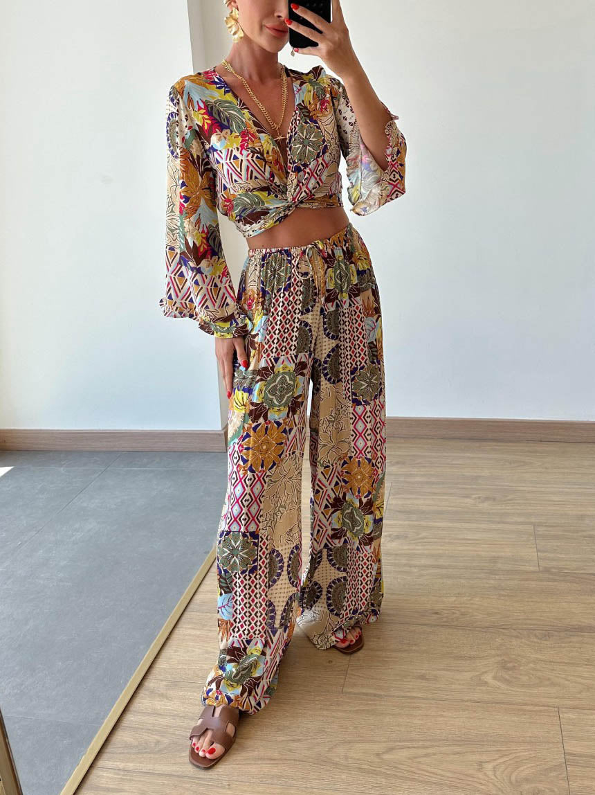 Retro Plant Print Short Shirt