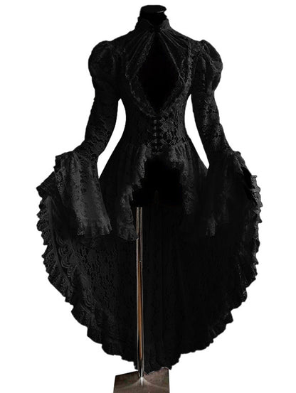 Retro Lace Splicing Stand Collar Flare Sleeve Maxi Dress