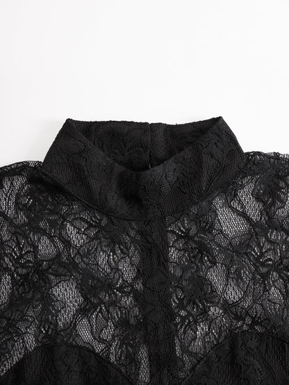 Black Lace Illusion Bodice Wide-Leg Evening Jumpsuit