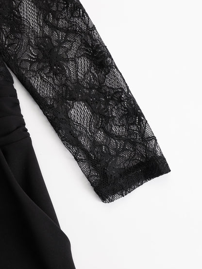 Black Lace Illusion Bodice Wide-Leg Evening Jumpsuit