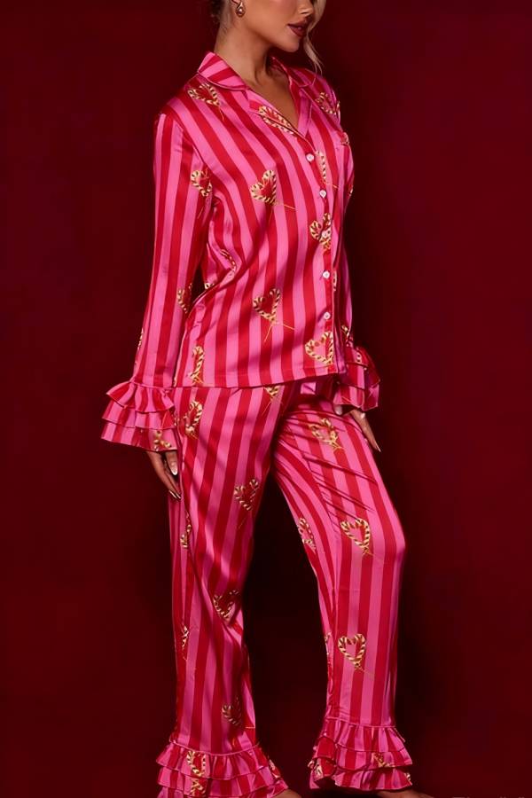 Conjunto de pijama largo con bolsillos, cintura elástica y puños acampanados con rayas de caramelo para temporada festiva 