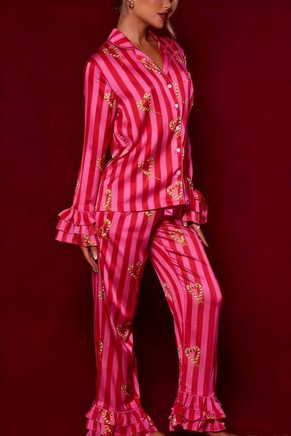 Conjunto de pijama largo con bolsillos, cintura elástica y puños acampanados con rayas de caramelo para temporada festiva 