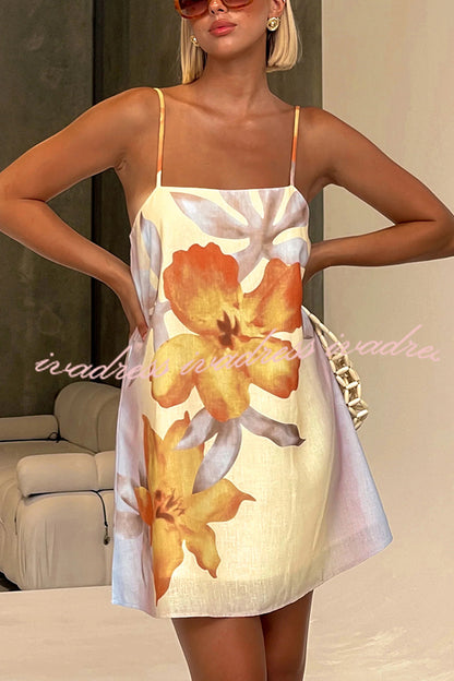 Vestido mini de corte en H con estampado floral de mezcla de lino Summer Surprise 